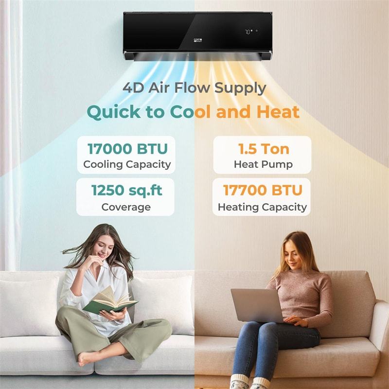 18000BTU Wifi Enabled Mini Split Air Conditioner & Heater, 21 SEER2 208-230V Wall Inverter Split AC Unit ECO Mode w/ Heat Pump, Installation Kit