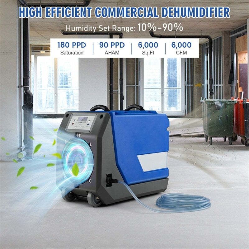 180 Pint Bucketless Commercial Dehumidifier with Pump & Drain Hose, Rotomolded Industrial Dehumidifier with Wheels for Basement, Warehouse, Job Site