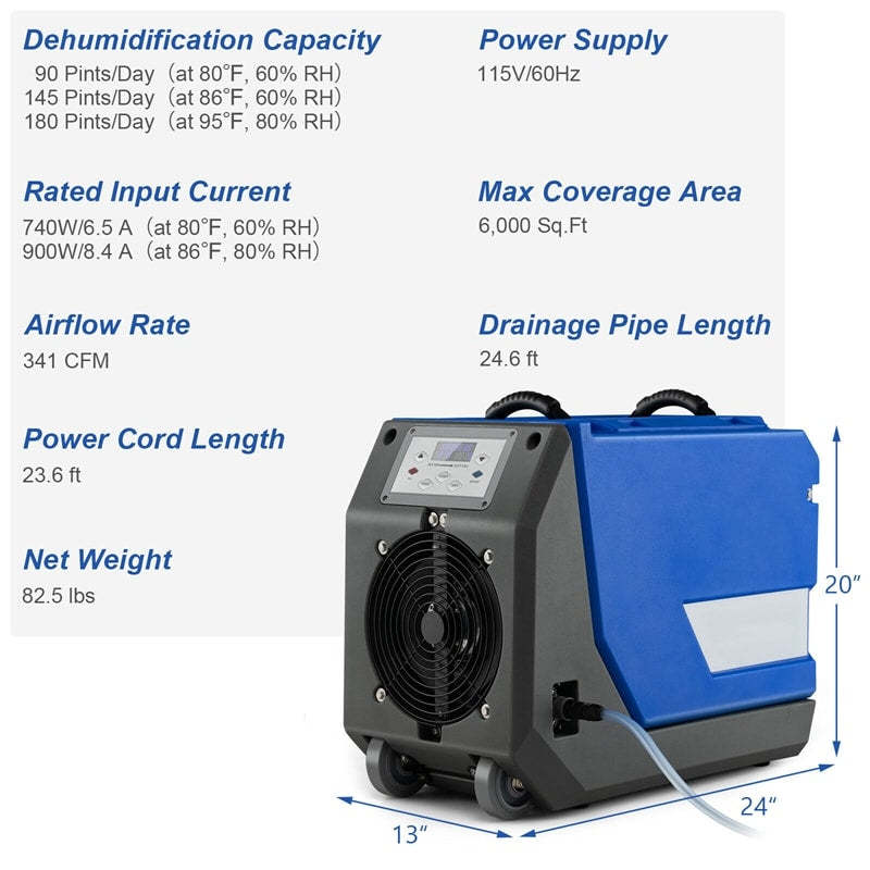 180 Pint Bucketless Commercial Dehumidifier with Pump & Drain Hose, Rotomolded Industrial Dehumidifier with Wheels for Basement, Warehouse, Job Site