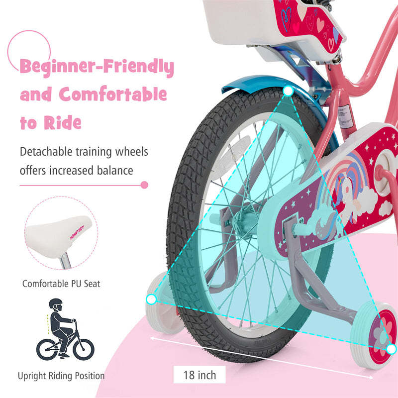 18 Inches Kids Bike, Steel Frame Girls Pink Bicycle with Removable Training Wheels & Adjustable Seat