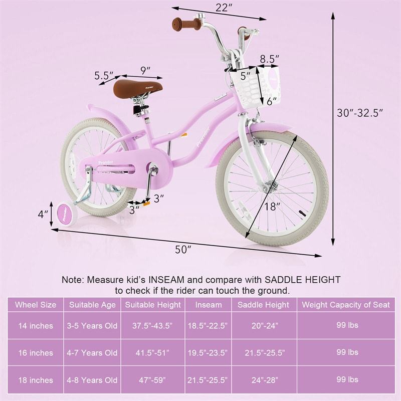 18" Kids Bike, Toddler Bicycle Girls Boys Bike for 3-8 Years Old with Training Wheels Adjustable Seat Removable Basket