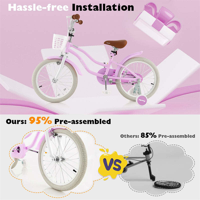 18" Kids Bike, Toddler Bicycle Girls Boys Bike for 3-8 Years Old with Training Wheels Adjustable Seat Removable Basket