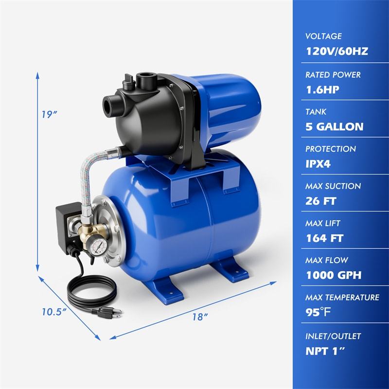 1.6HP Shallow Well Pump with 5Gal Pressure Tank, 1000GPH Stainless Steel Automatic Water Booster Jet Pump for Home Irrigation, Lawn & Garden
