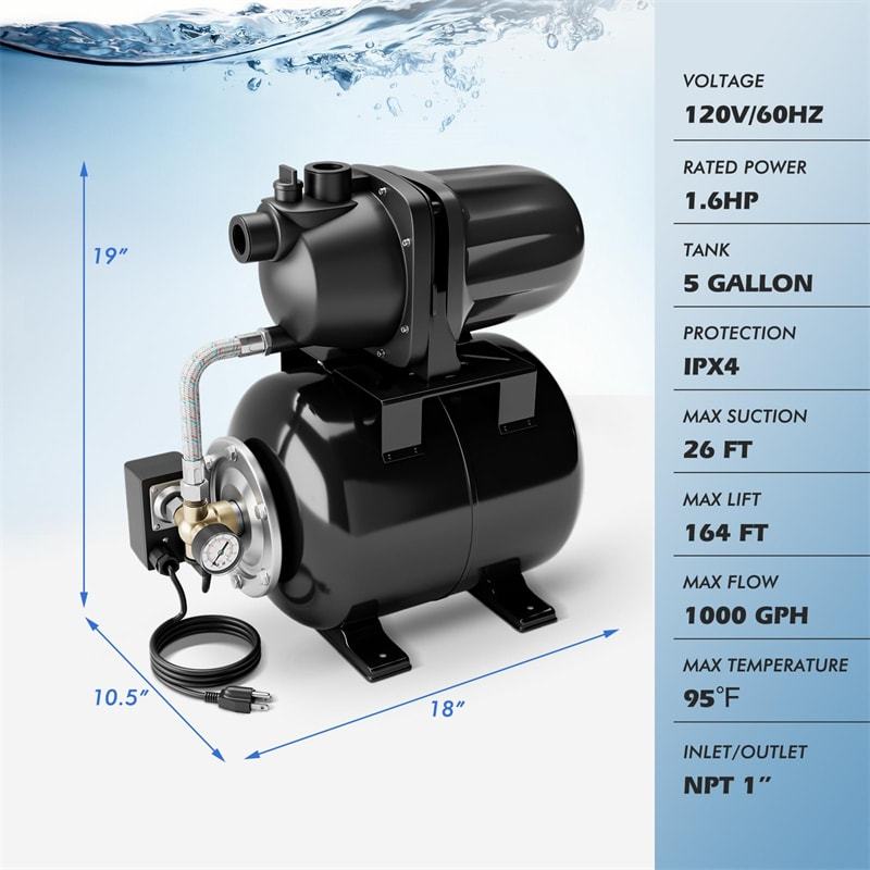 1.6HP Shallow Well Pump with 5Gal Pressure Tank, 1000GPH Stainless Steel Automatic Water Booster Jet Pump for Home Irrigation, Lawn & Garden