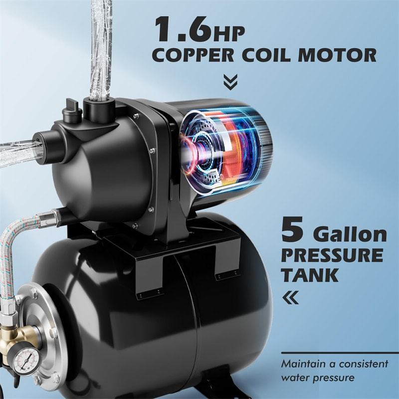 1.6HP Shallow Well Pump with 5Gal Pressure Tank, 1000GPH Stainless Steel Automatic Water Booster Jet Pump for Home Irrigation, Lawn & Garden