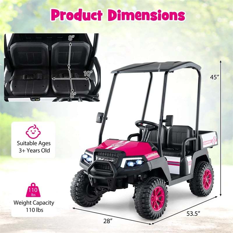 24V Kids Golf Cart, 4WD 2-Seater Electric Ride-On Car with Sun Shade, Storage Trunk, Remote Control & LED Lights for Boys & Girls Ages 3+