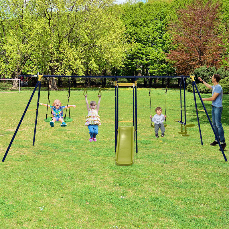 660lbs 7-in-1 Metal A-Frame Swing Set with 2 Swings, Glider, Slide, Gym Rings & Basketball Hoop, Heavy Duty Outdoor Playset for Kids, Backyard Garden