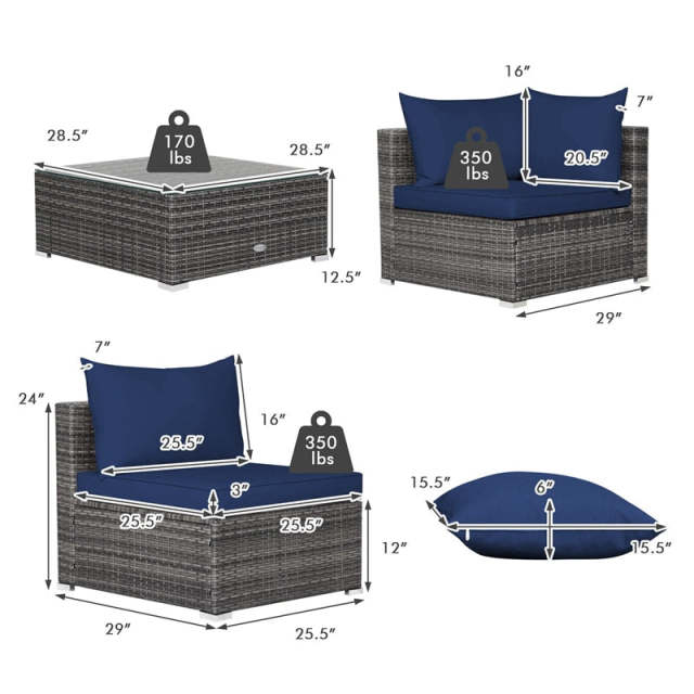 7PCS PE Rattan Modular Outdoor Sectional Set with Tempered Glass Top Table & Cushions, Patio Sofa Furniture for Backyard, Poolside Garden