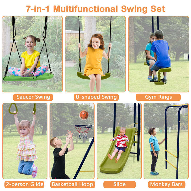 660lbs 7-in-1 Metal A-Frame Swing Set with 2 Swings, Glider, Slide, Gym Rings & Basketball Hoop, Heavy Duty Outdoor Playset for Kids, Backyard Garden