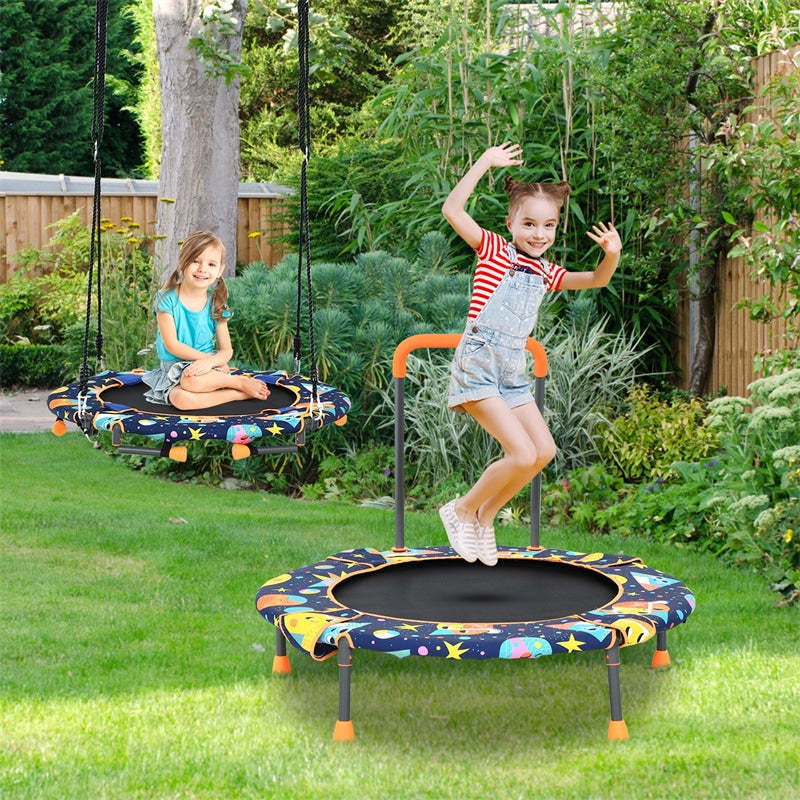 2-In-1 Convertible Saucer Tree Swing & Trampoline Set Kids Trampoline with Removable Handrail