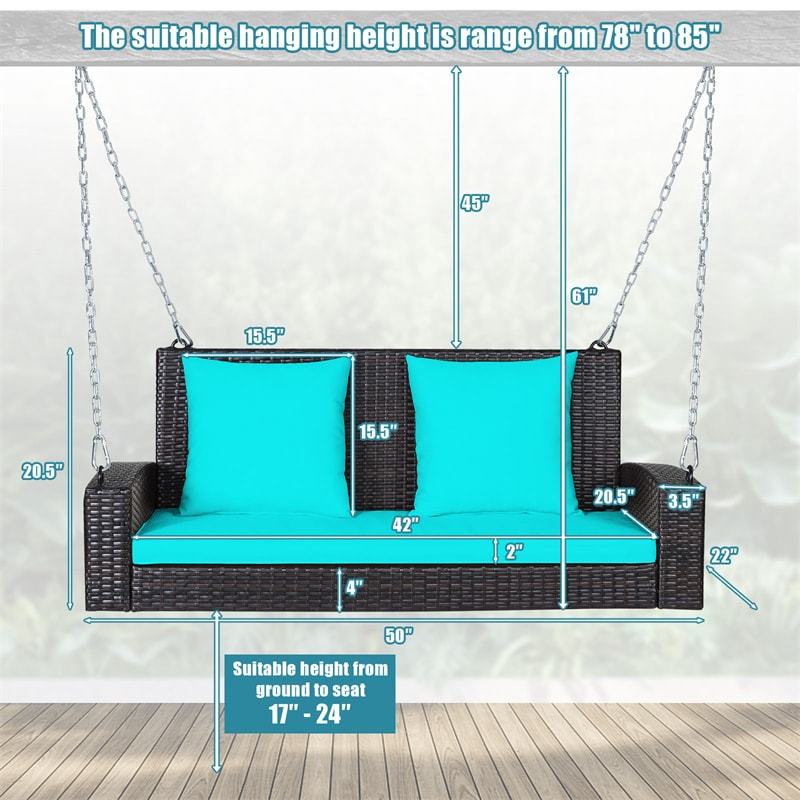 2-Person Wicker Patio Swing Bench with Removable Cushions & Reinforced Steel Chain, 800lbs Capacity Rattan Porch Swing for Backyard, Garden