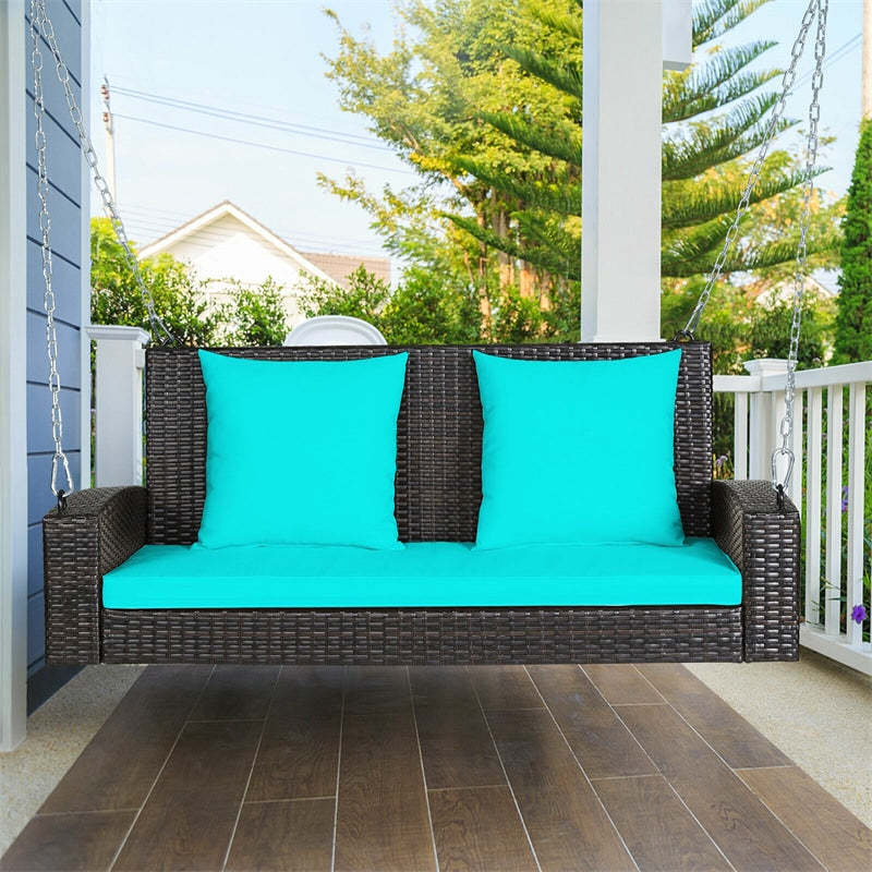2-Person Wicker Patio Swing Bench with Removable Cushions & Reinforced Steel Chain, 800lbs Capacity Rattan Porch Swing for Backyard, Garden
