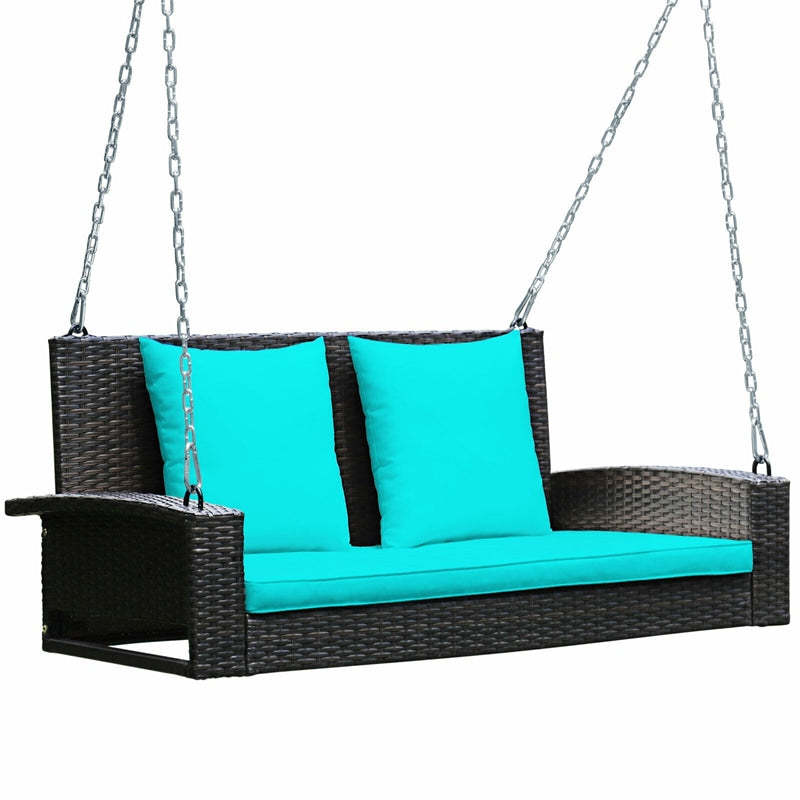 2-Person Wicker Patio Swing Bench with Removable Cushions & Reinforced Steel Chain, 800lbs Capacity Rattan Porch Swing for Backyard, Garden
