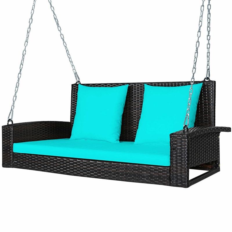 2-Person Wicker Patio Swing Bench with Removable Cushions & Reinforced Steel Chain, 800lbs Capacity Rattan Porch Swing for Backyard, Garden