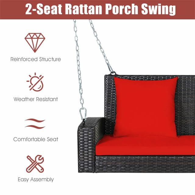 2-Person Wicker Patio Swing Bench with Removable Cushions & Reinforced Steel Chain, 800lbs Capacity Rattan Porch Swing for Backyard, Garden