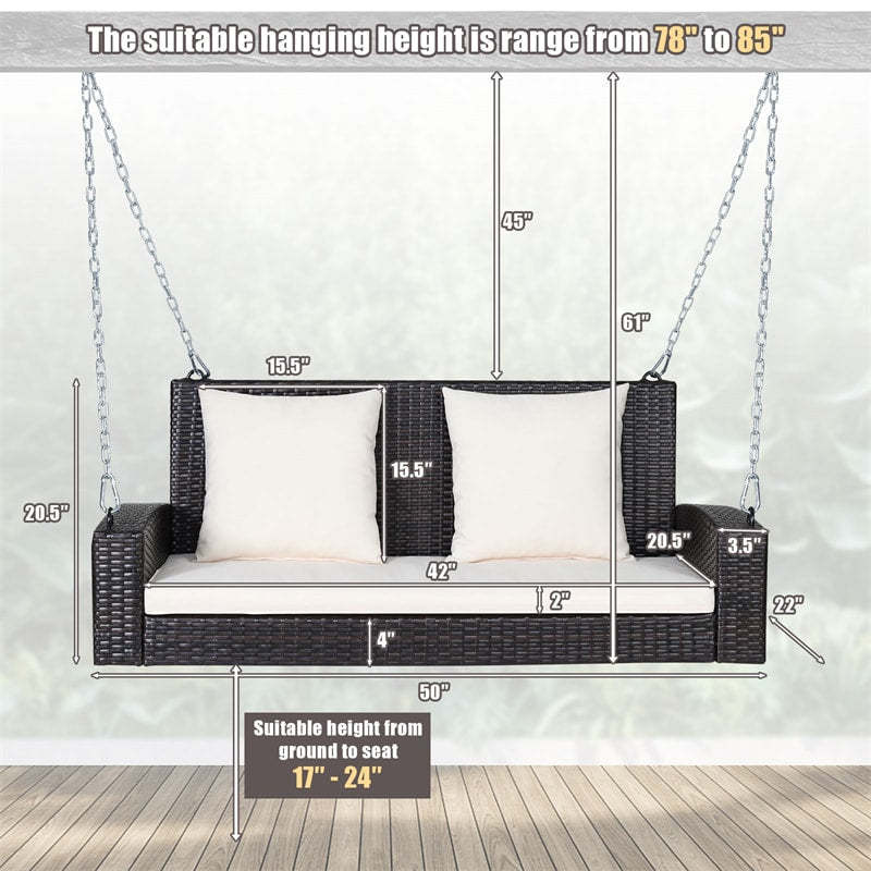 2-Person Wicker Patio Swing Bench with Removable Cushions & Reinforced Steel Chain, 800lbs Capacity Rattan Porch Swing for Backyard, Garden