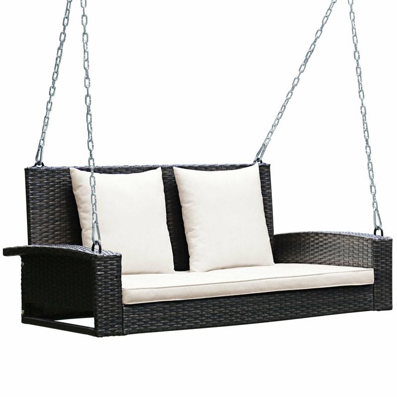 2-Person Wicker Patio Swing Bench with Removable Cushions & Reinforced Steel Chain, 800lbs Capacity Rattan Porch Swing for Backyard, Garden