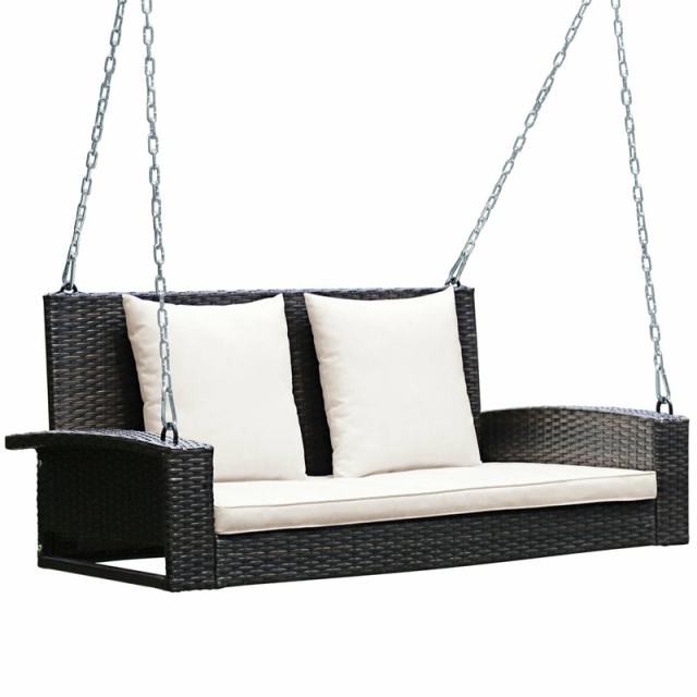 2-Person Wicker Patio Swing Bench with Removable Cushions & Reinforced Steel Chain, 800lbs Capacity Rattan Porch Swing for Backyard, Garden
