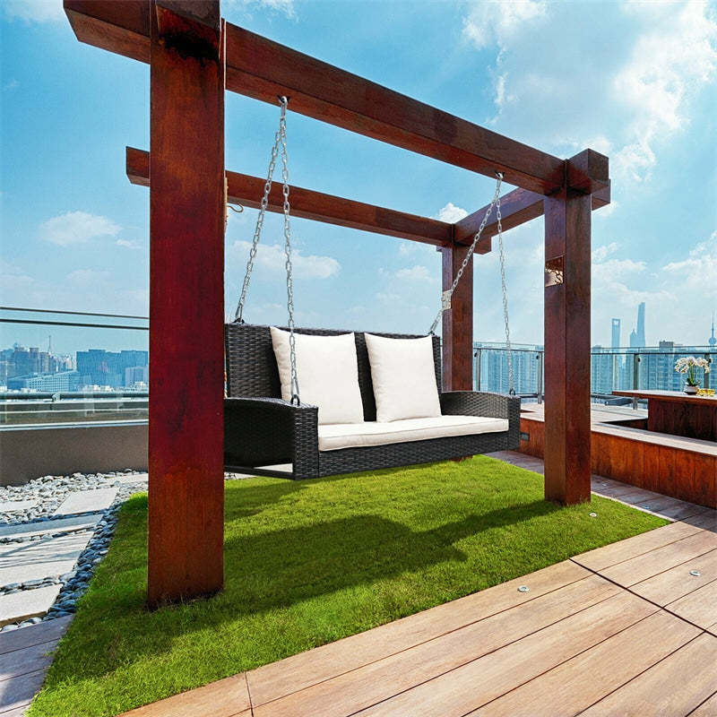 2-Person Wicker Patio Swing Bench with Removable Cushions & Reinforced Steel Chain, 800lbs Capacity Rattan Porch Swing for Backyard, Garden