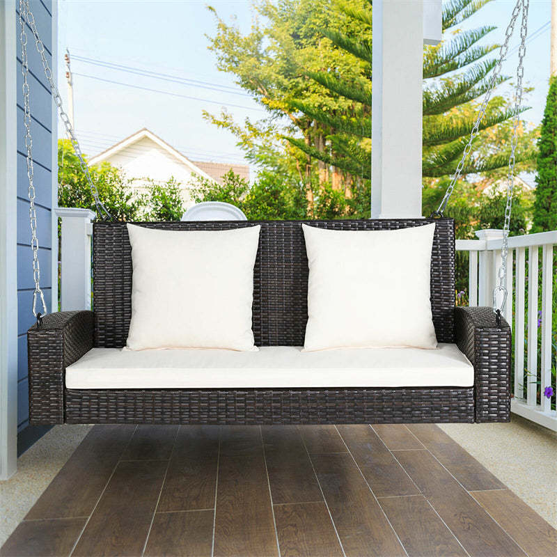 2-Person Wicker Patio Swing Bench with Removable Cushions & Reinforced Steel Chain, 800lbs Capacity Rattan Porch Swing for Backyard, Garden