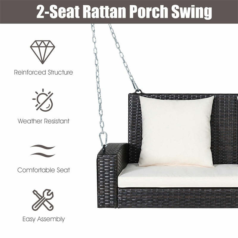 2-Person Wicker Patio Swing Bench with Removable Cushions & Reinforced Steel Chain, 800lbs Capacity Rattan Porch Swing for Backyard, Garden