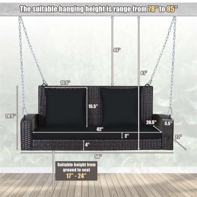 2-Person Wicker Patio Swing Bench with Removable Cushions & Reinforced Steel Chain, 800lbs Capacity Rattan Porch Swing for Backyard, Garden