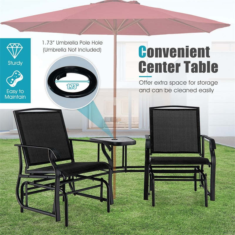 Bestoutdor Double Glider Chairs with Glass Table & Umbrella Hole, Steel Frame Patio 2-Person Rocking Chairs Breathable Fabric