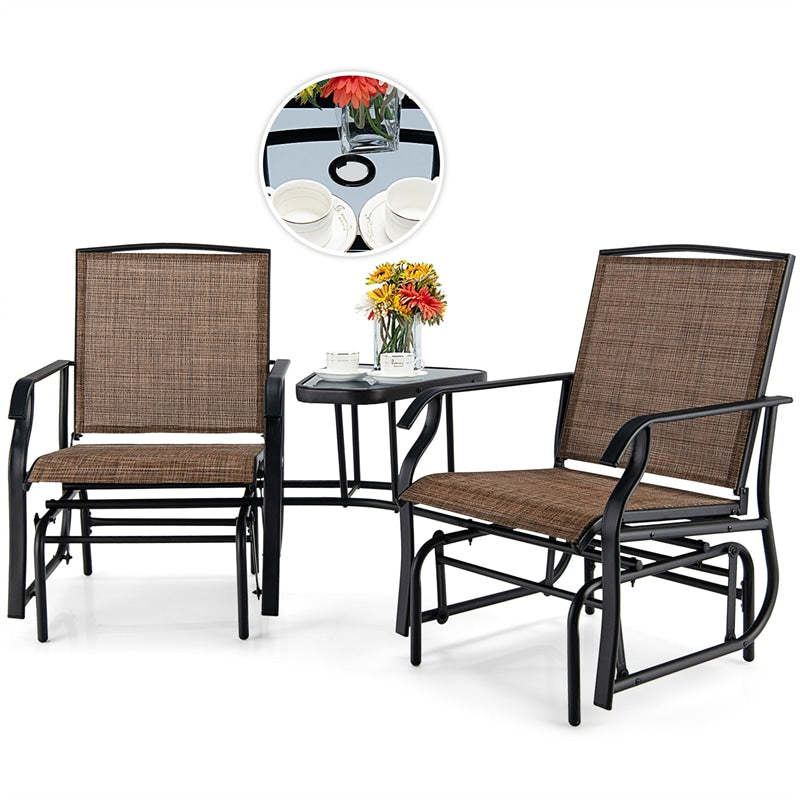 Bestoutdor Double Glider Chairs with Glass Table & Umbrella Hole, Steel Frame Patio 2-Person Rocking Chairs Breathable Fabric
