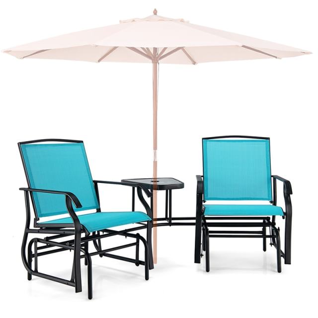 Bestoutdor Double Glider Chairs with Glass Table & Umbrella Hole, Steel Frame Patio 2-Person Rocking Chairs Breathable Fabric