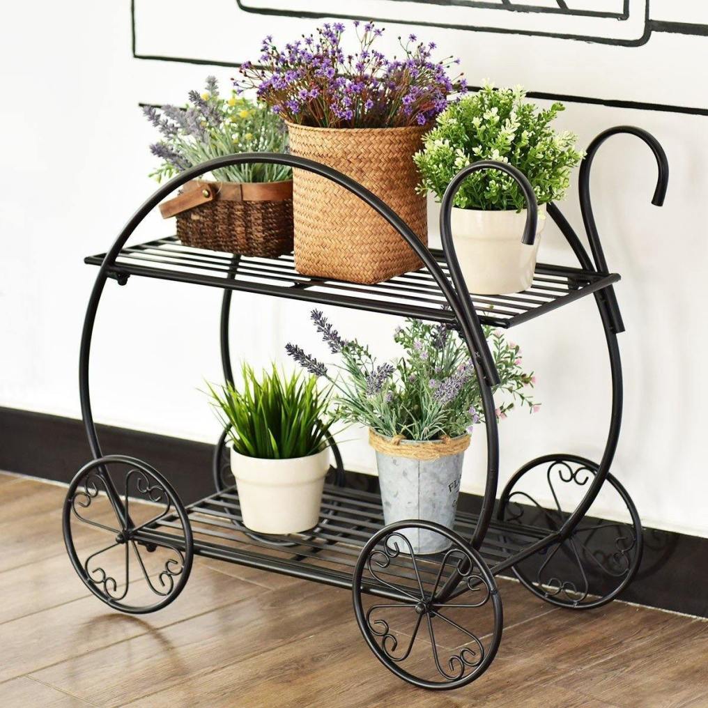 2-Tier Heavy Duty Metal Flower Cart Plant Stand Parisian Style Garden Plant Shelf Flower Pot Display Rack Holder with 4 Decorative Wheels