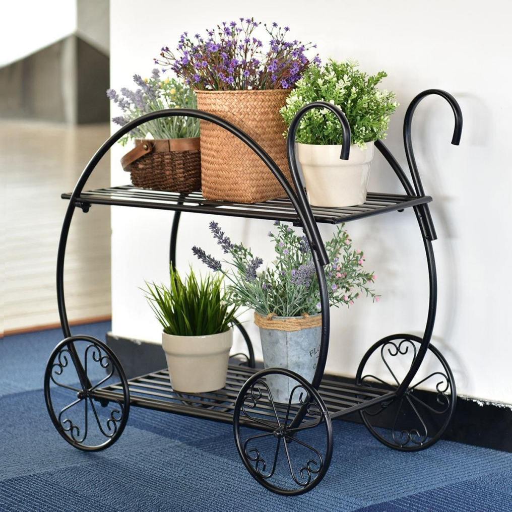 2-Tier Heavy Duty Metal Flower Cart Plant Stand Parisian Style Garden Plant Shelf Flower Pot Display Rack Holder with 4 Decorative Wheels