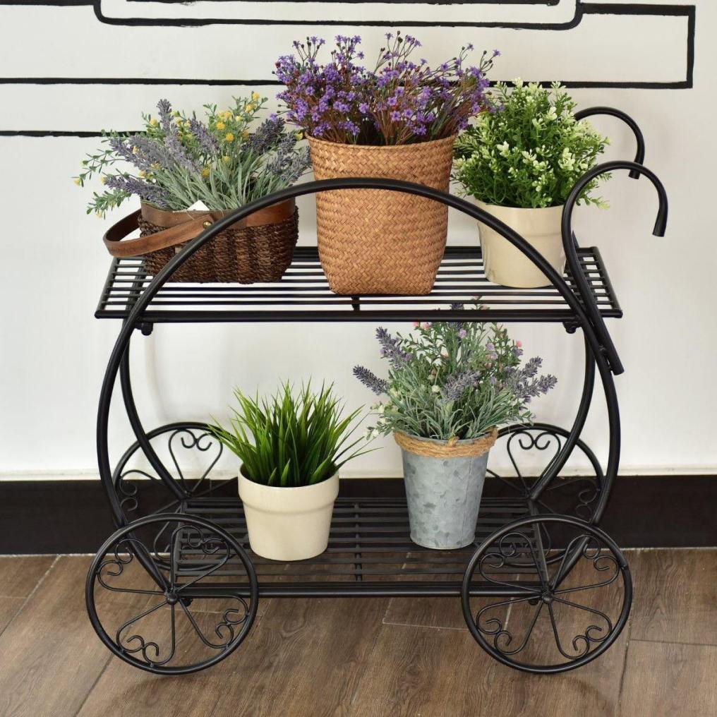 2-Tier Heavy Duty Metal Flower Cart Plant Stand Parisian Style Garden Plant Shelf Flower Pot Display Rack Holder with 4 Decorative Wheels