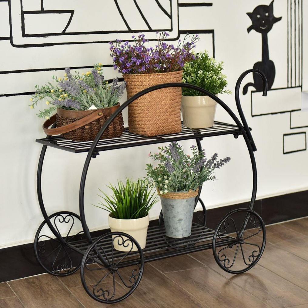 2-Tier Heavy Duty Metal Flower Cart Plant Stand Parisian Style Garden Plant Shelf Flower Pot Display Rack Holder with 4 Decorative Wheels