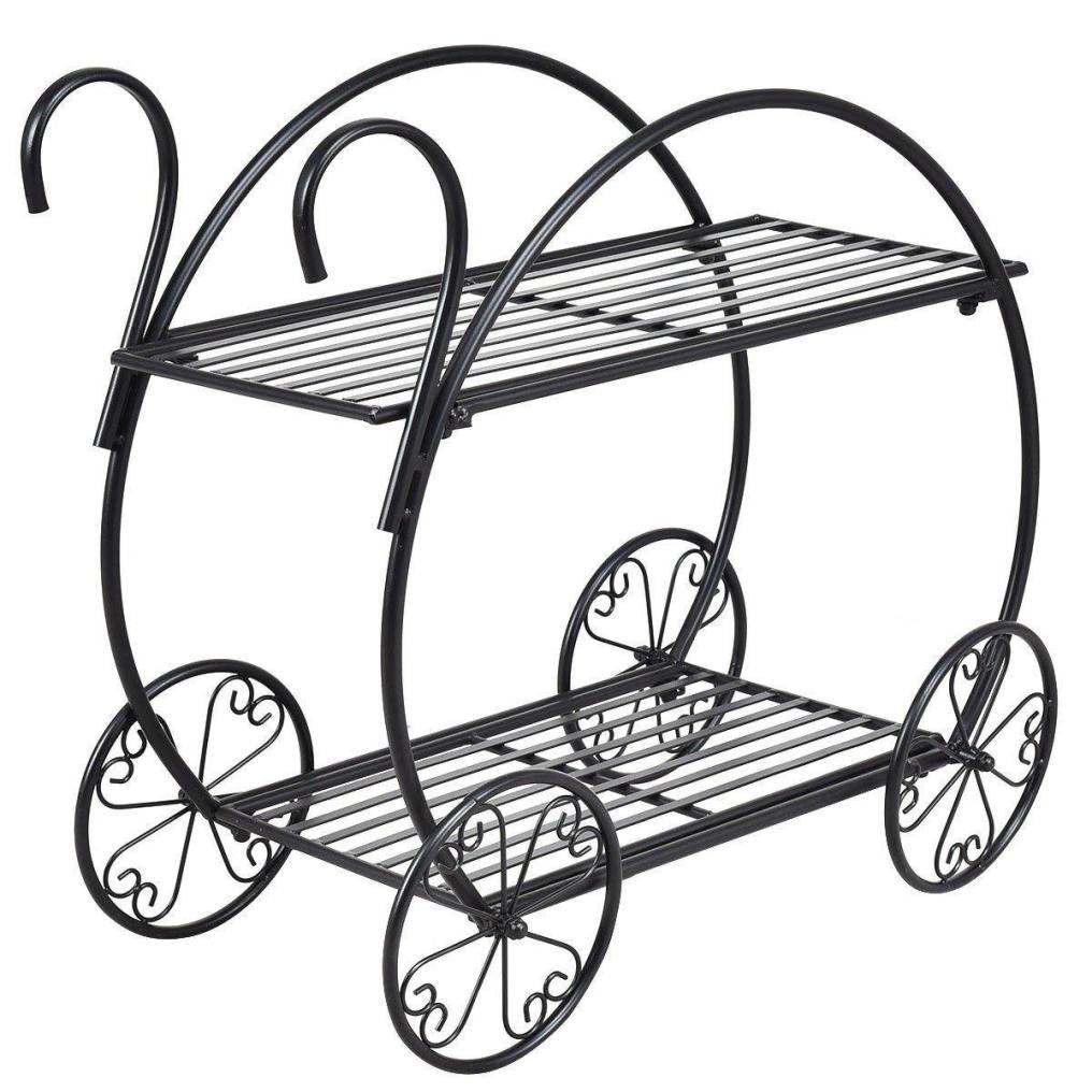 2-Tier Heavy Duty Metal Flower Cart Plant Stand Parisian Style Garden Plant Shelf Flower Pot Display Rack Holder with 4 Decorative Wheels