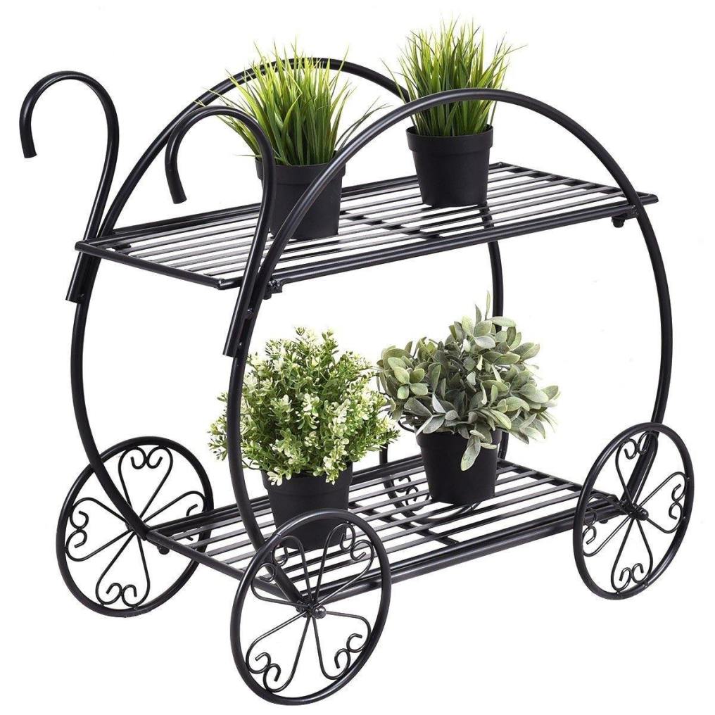 2-Tier Heavy Duty Metal Flower Cart Plant Stand Parisian Style Garden Plant Shelf Flower Pot Display Rack Holder with 4 Decorative Wheels