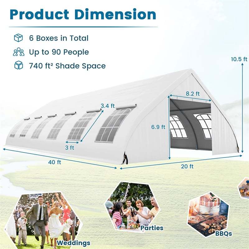 20'x40' Peach Shaped Party Tent, Heavy-Duty Wedding Canopy with Zipper Doors, Sidewalls, 12 Windows & Galvanized Frame for Outdoor Events, Backyard