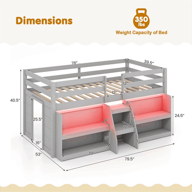 Twin Low Loft Bed for Kids, Wooden Loft Bed with Adjustable LED Lights, Stairs, Safety Guardrail, Storage Bookcase & Under Bed Play Area