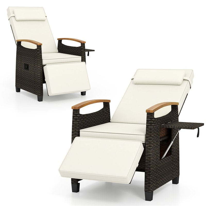 Outdoor Wicker Recliner Chair with Adjustable Backrest, Footrest, Flip Side Table & Cushion, Patio Rattan Chaise Lounge for Backyard Porch
