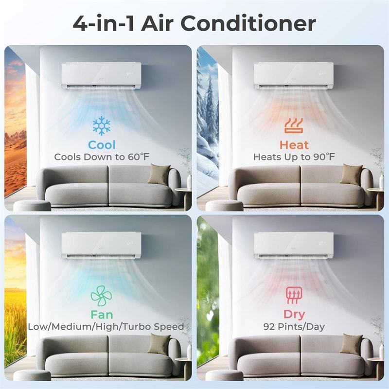 22000BTU Wifi Enabled Mini Split Air Conditioner & Heater, 21 SEER2 208-230V Inverter Split Wall AC Unit ECO Mode w/ Heat Pump, Installation Kit