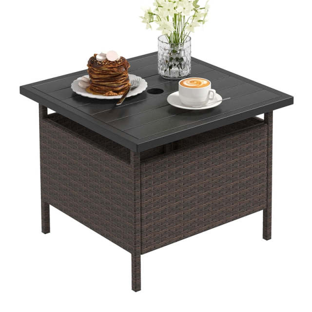 22" Wicker Outdoor Table Patio Rattan Square Side Table with HDPE Tabletop & Umbrella Hole