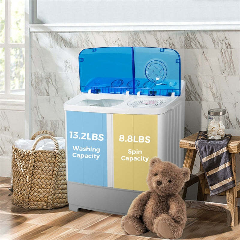 Portable Washing Machine, Twin Tub 22LBS Capacity Compact Laundry Washer Spin Dryer Combo with Control Knobs & Drain Pump for Apartment, RV