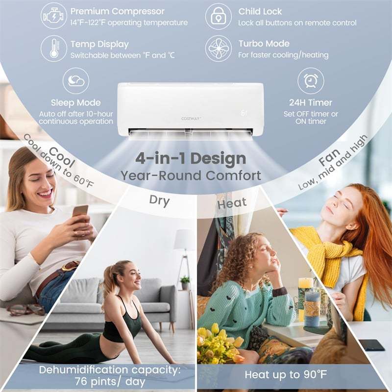 Energy Star 24000 BTU Mini Split Air Conditioner with Heat Pump, Remote, Alexa & Googlehome, 21 SEER2 208-230V Inverter AC Unit for Rooms 1500Sq.Ft