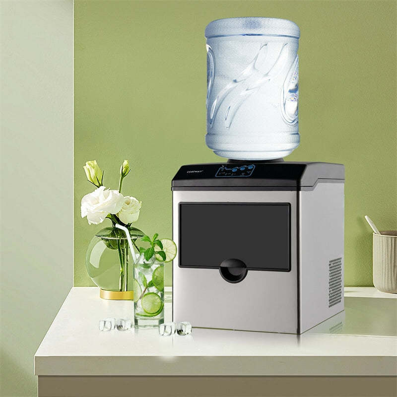 2-in-1 Countertop Ice Maker with Water Dispenser, 48LBS/24H Stainless Steel Ice Machine w/Chilled Water Spout & 5LBS Ice Basket for Home Office Party