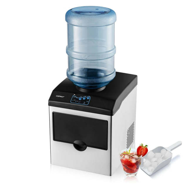 2-in-1 Countertop Ice Maker with Water Dispenser, 48LBS/24H Stainless Steel Ice Machine w/Chilled Water Spout & 5LBS Ice Basket for Home Office Party