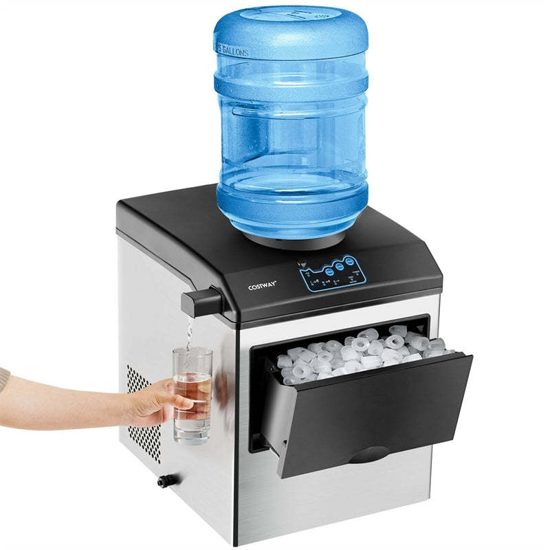 2-in-1 Countertop Ice Maker with Water Dispenser, 48LBS/24H Stainless Steel Ice Machine w/Chilled Water Spout & 5LBS Ice Basket for Home Office Party