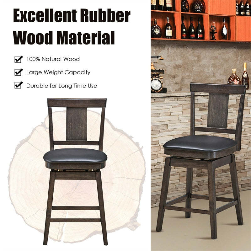 360° Swivel Wood Bar Stool, 24" Counter Height Dining Chair with Back, Leather Padded Seat & Rubber Wood Legs, Upholstered Barstool for Kitchen Island