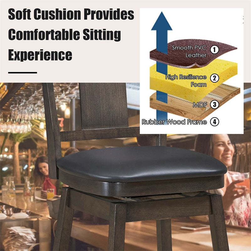 360° Swivel Wood Bar Stool, 24" Counter Height Dining Chair with Back, Leather Padded Seat & Rubber Wood Legs, Upholstered Barstool for Kitchen Island