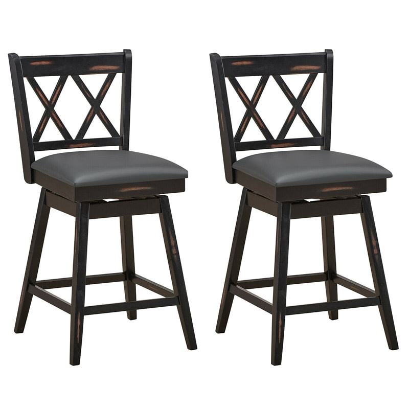 Swivel Bar Stools Set of 2, Rubber Wood 25" Counter Height Dining Chairs with Upholstered Cushions, Ergonomic Backrests & Footrests