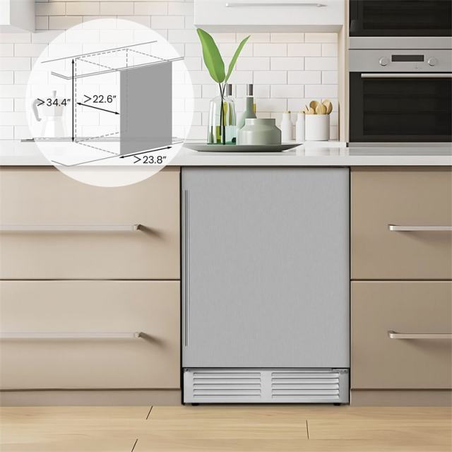24" Beverage Refrigerator, 190-Can Undercounter Drink Fridge with Stainless Steel Door & Removable Shelves, Built-in or Freestanding for Home Office