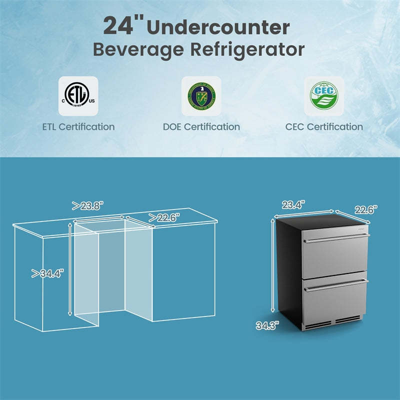 24" Dual Drawer Beverage Fridge with Adjustable Temp, Built-in/Freestanding Under Counter Beverage Cooler for Home & Commercial Use